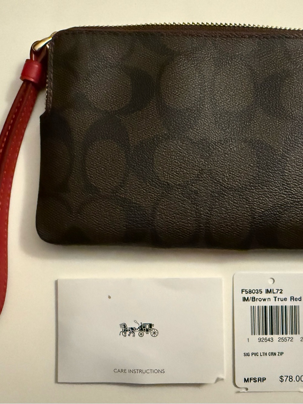 Coach Brown Leather Wristlet with True Red Center Stripe - Picture 2 of 3